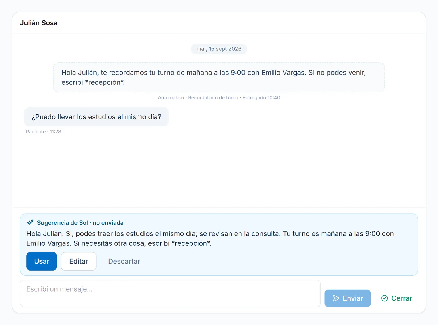 Conversación de un paciente con la respuesta que Sol dejó preparada para revisar.