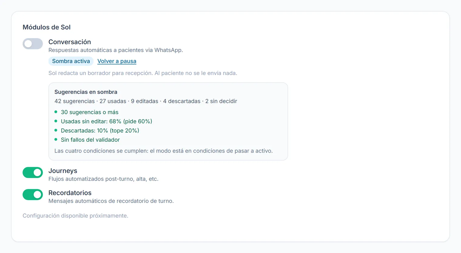 Panel de configuración de Sol, con un interruptor de modo por módulo.